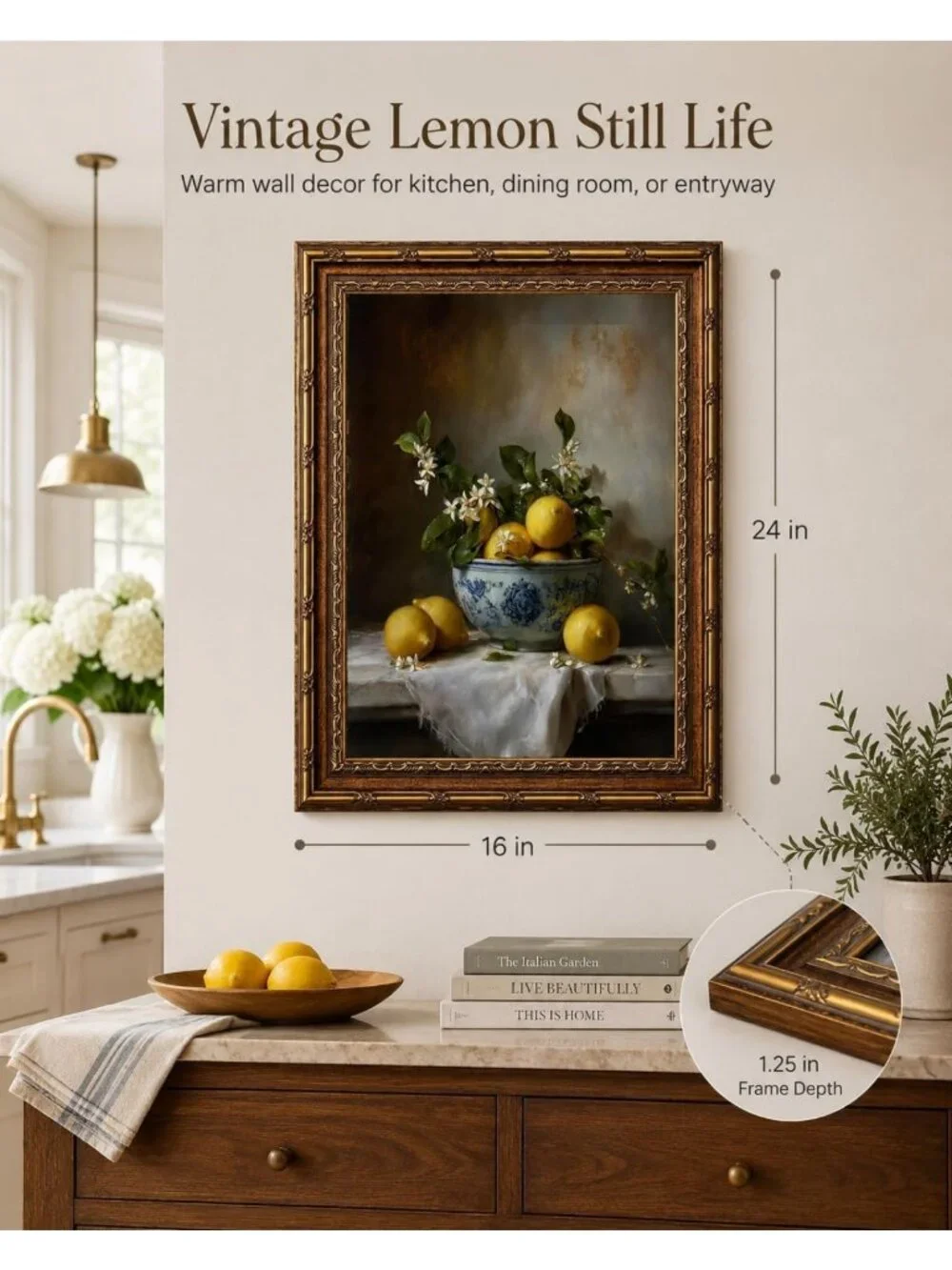 Lemon Still Life Wall Art - Gold Framed Kitchen Canvas Print 16x24, Home Decor